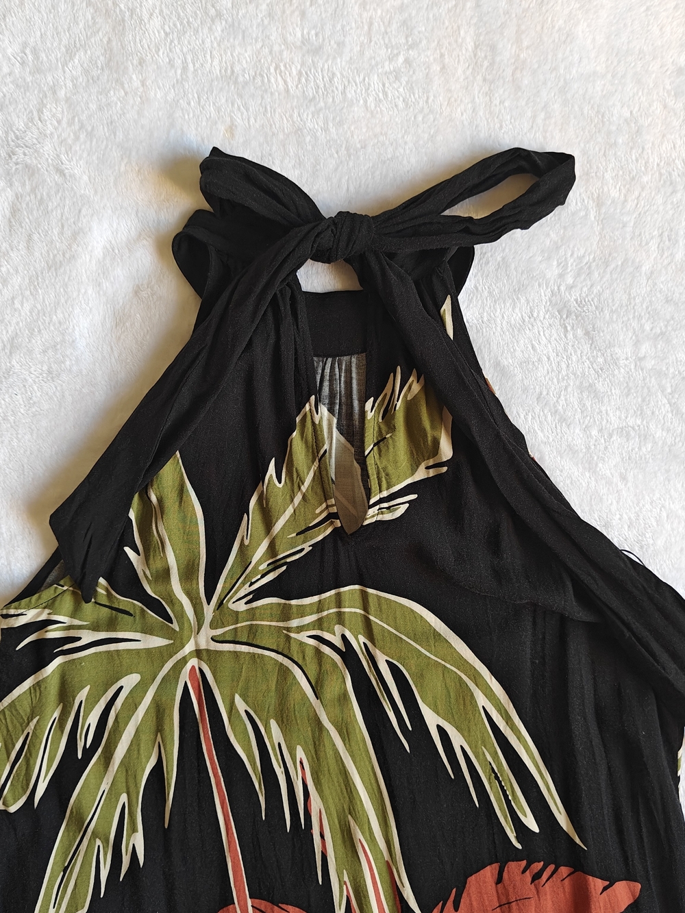 MSK Black Halter Maxi Dress with Tropical Green & Rust Print Rayon L - Picture 6 of 8